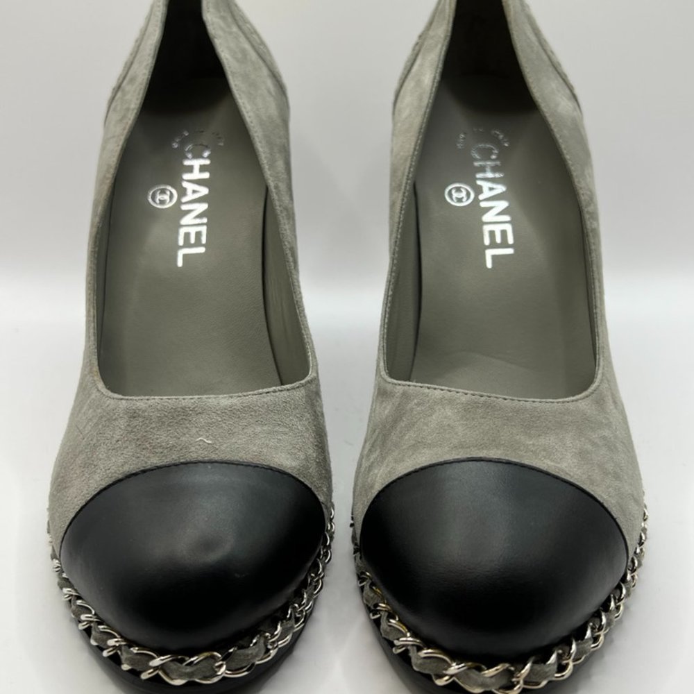 CHANEL New, Luxury Wedge, Closed Toe, Gray Suede w/ Blk Toe, EU Size 40 (10 US)